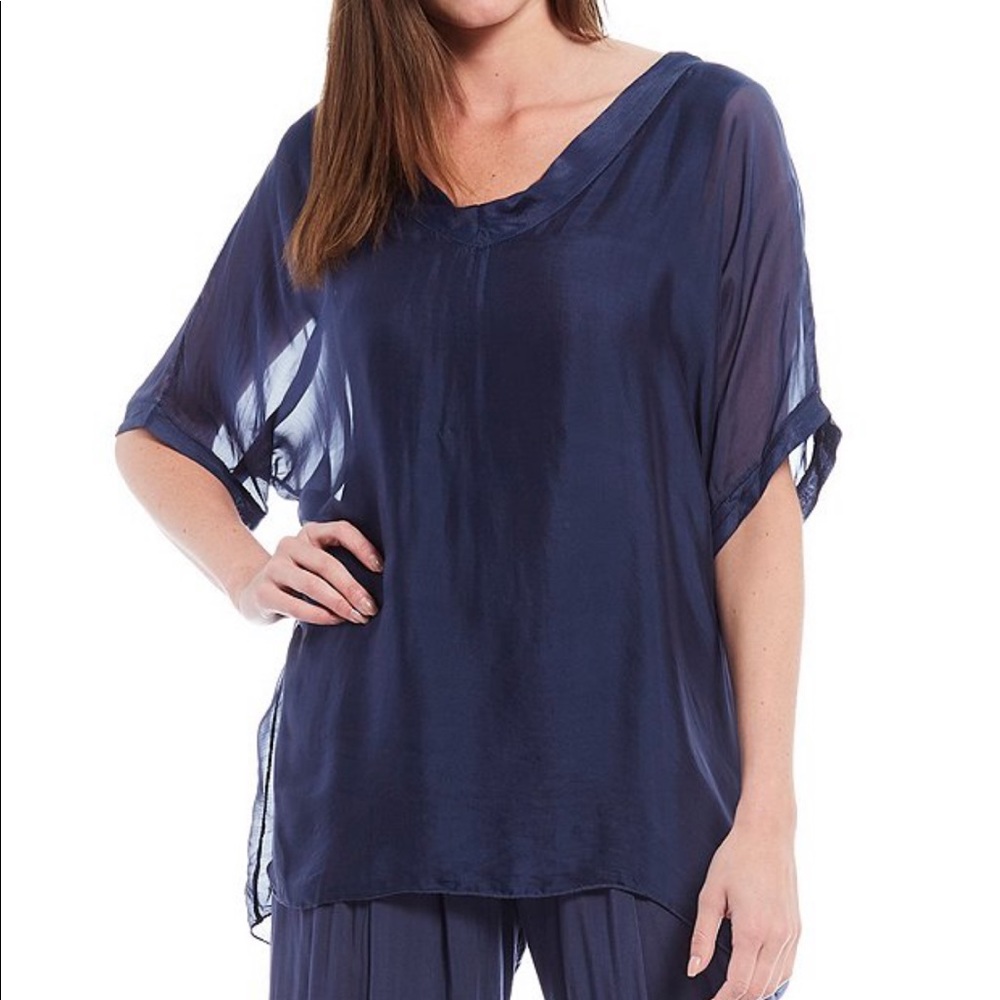 M Made in Italy  Sheer Sleeve  Sharkbite Hem  Top